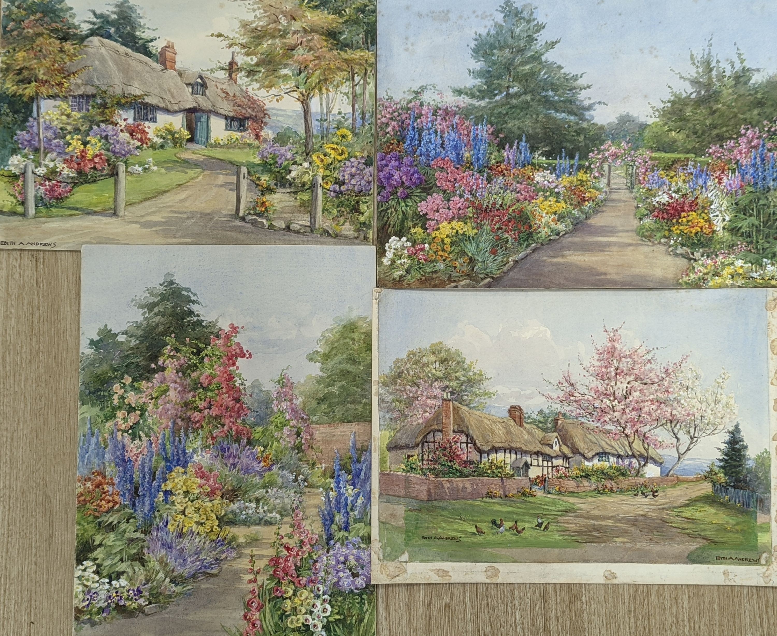 Edith Alice Andrews (1900-1940), four watercolours; Late Summer, cottages and blossom, In A Sussex Garden & herbaceous borders, signed, largest 29 x 39cm.